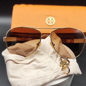 Tory Burch Gold Aviator Sunglasses With Bag And Case